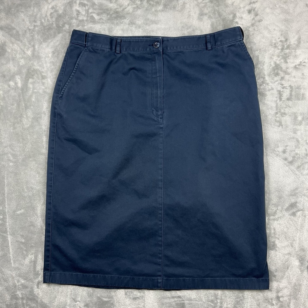 LL Bean Chino Skirt Navy Blue Cotton Twill Knee Length Pockets Classic 18 Womens